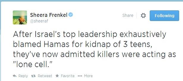 From Hamas-affiliated to lone wolves. Sheera Frenkel's Tweet on Donnison's findings. Screencap.