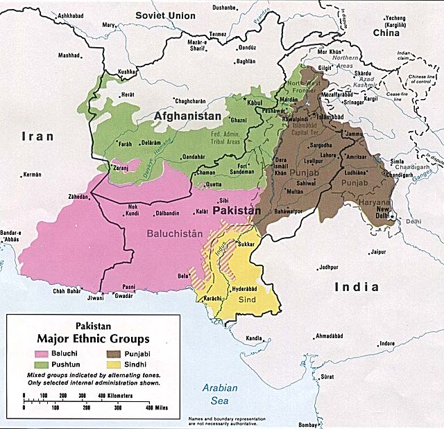 Spread across three countries. An ethnic map of Balochs (pink). Photo: Wikimedia