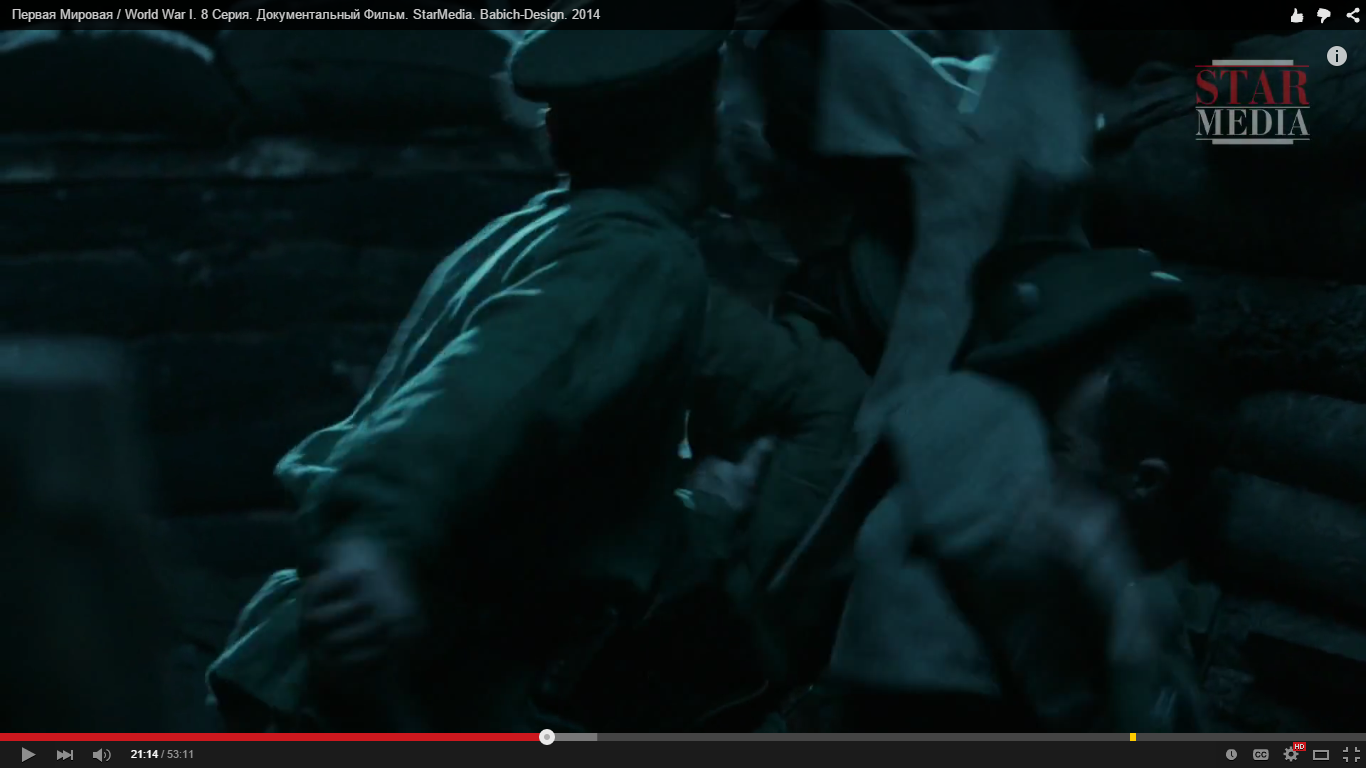 A Russian defeatist stabs loyal Russian soldier in the back, the documentary's metaphor for 1917. Screencap