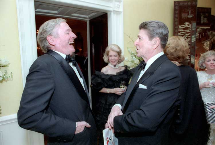 2/7/1986 President Reagan with William F Buckley in the White House Residence during Private birthday party in honor of President Reagan's 75th Birthday